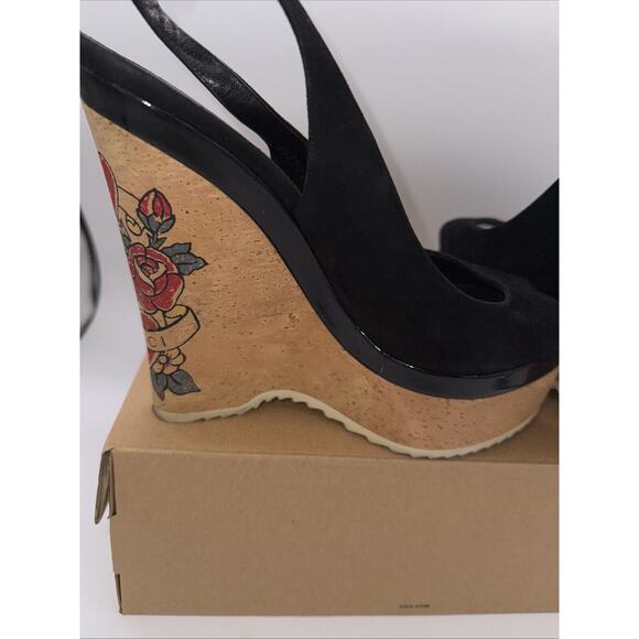 GUCCI READ **Black Suede SlingBack Cork Tattoo Wedge Platform Heel Sandals Sz 8 - Picture 5 of 14